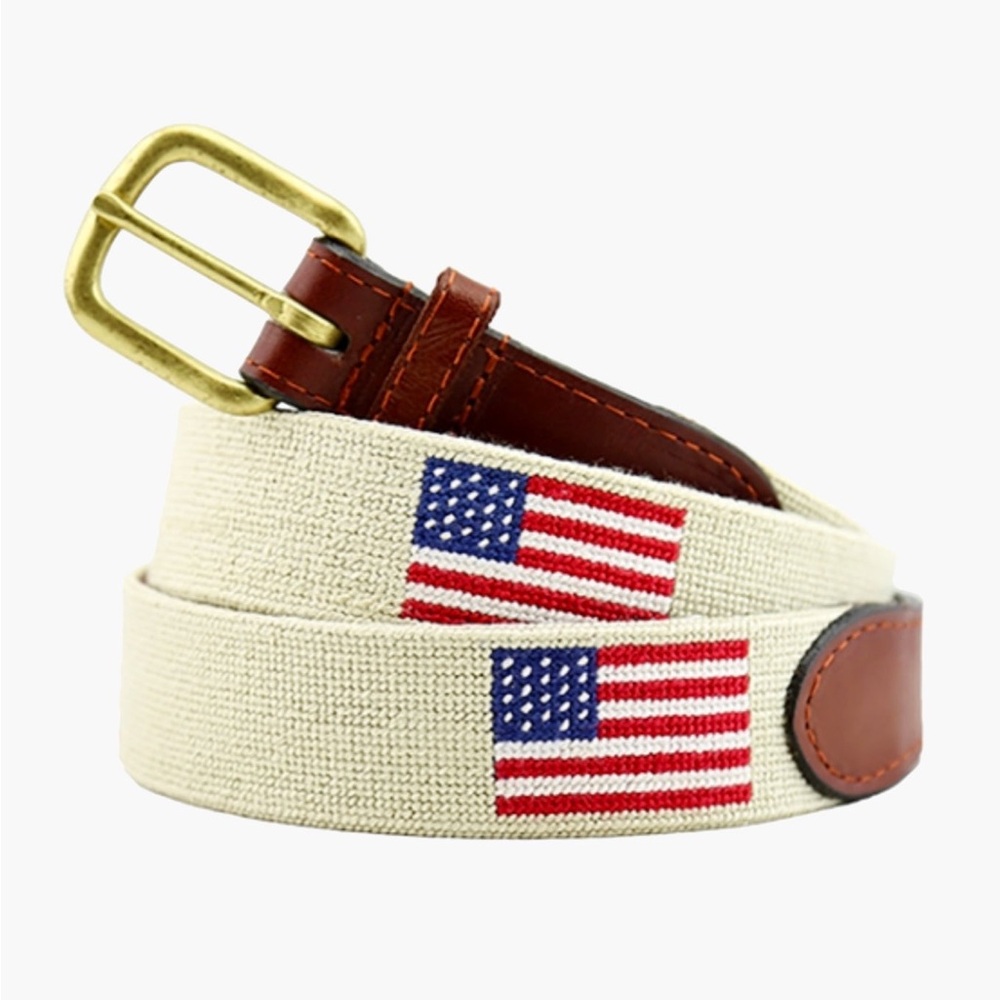 SMATHERS AND BRANSON Light Khaki American Flag Needlepoint Belt Size 36